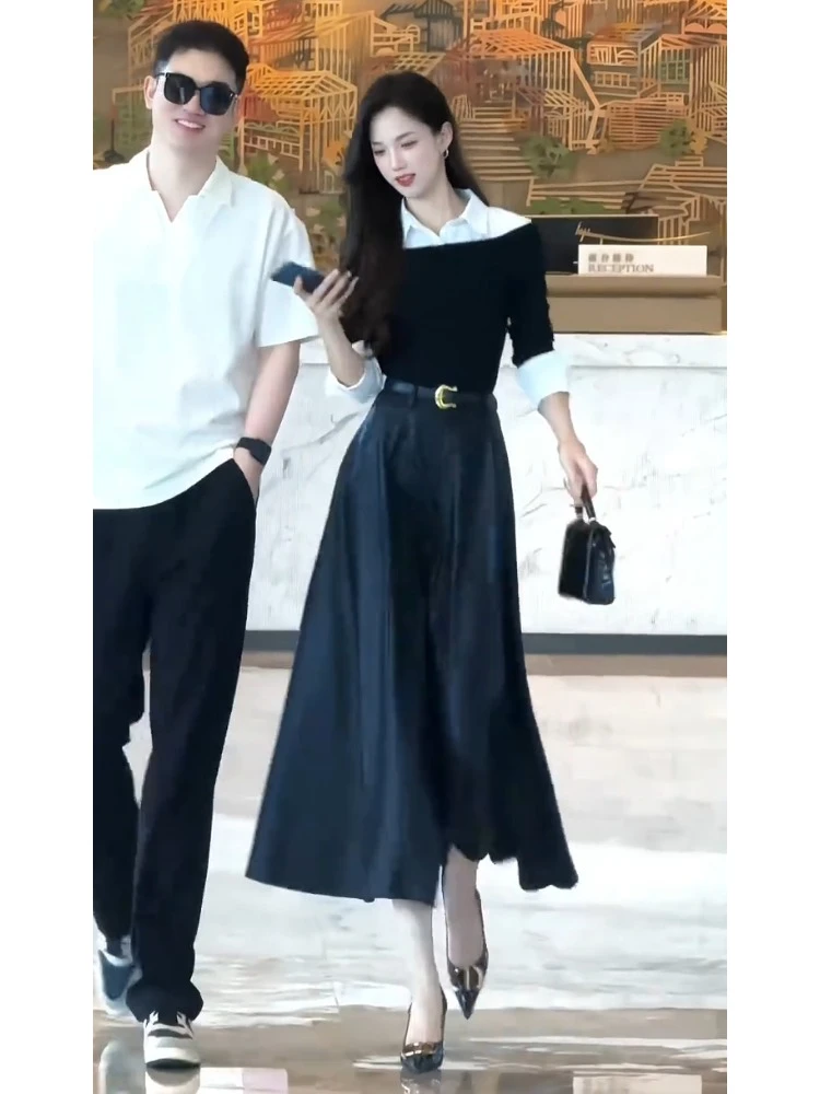2025秋大方得体穿搭气质女神范高端小香风黑白撞色上衣半身裙套装