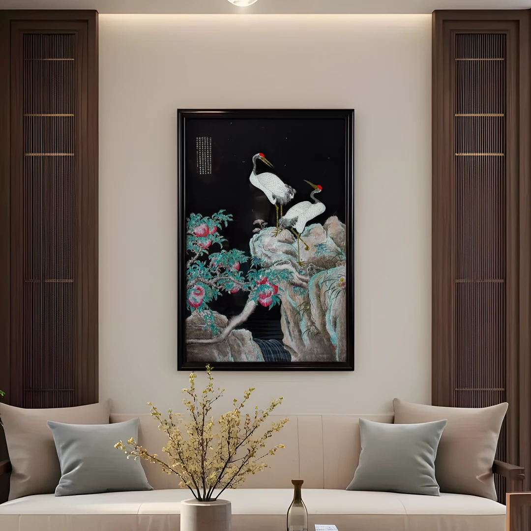 【本尼家】YZ76非遗扬州漆器彩螺挂屏《蟠桃仙鹤》中式玄关走道壁挂