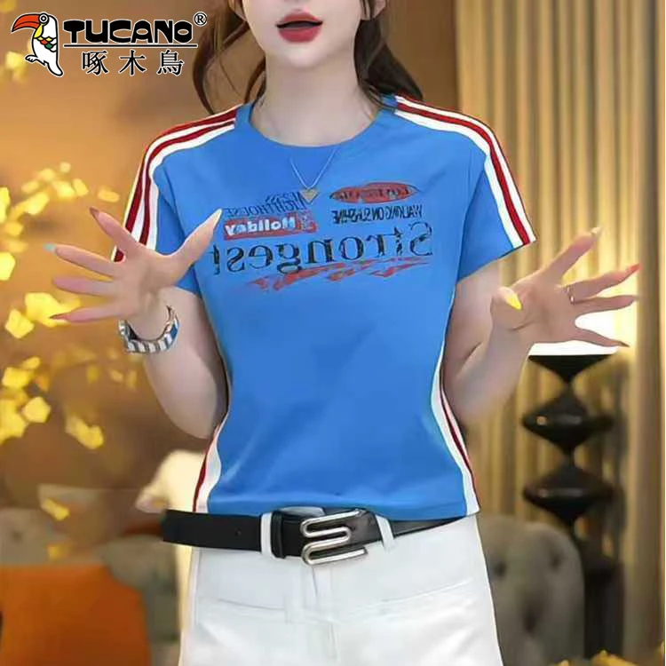 啄木鸟纯棉短袖t恤女拼接条纹夏季2025新款宽松显瘦百搭上衣女潮