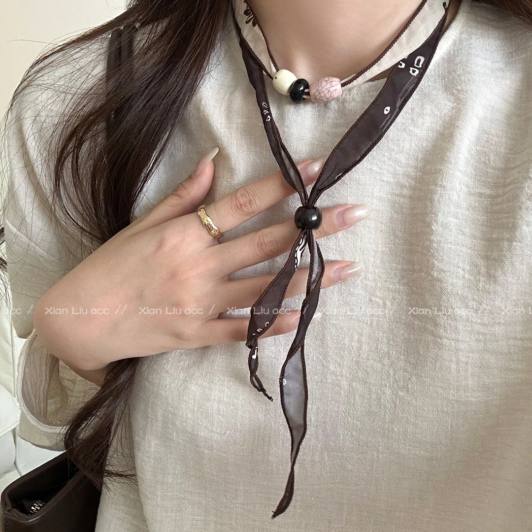 非金属布艺项链 复古丝巾抽拉项链女小众个性毛衣链高级百搭配饰
