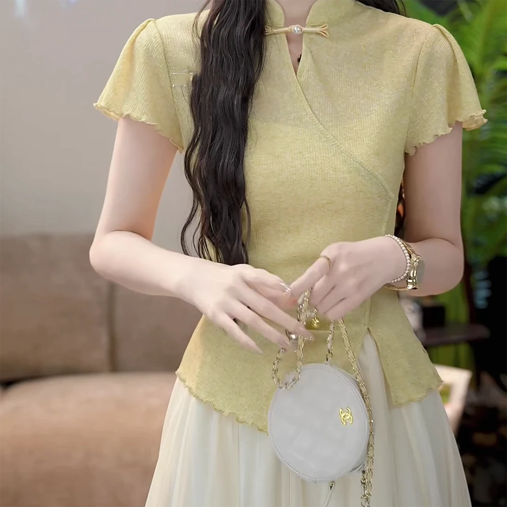 【漫岛诗集】夏季新款国风立领盘扣不规则短袖T恤显瘦气质