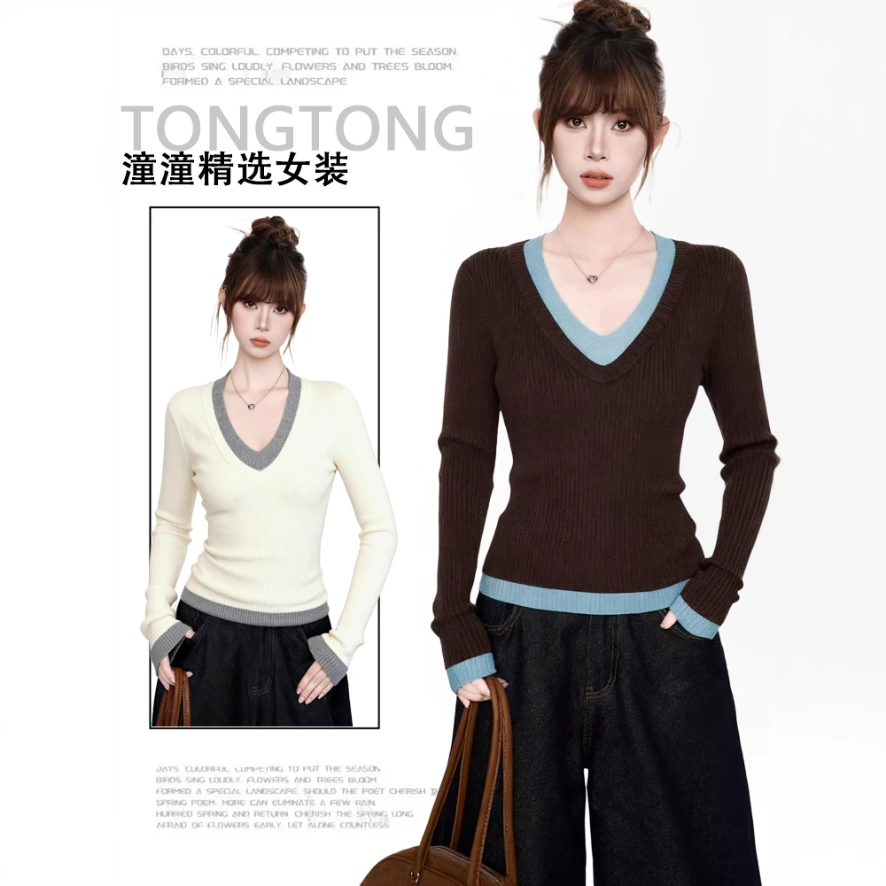 咖色假两件撞色v领长袖毛衣针织衫女秋季修身内搭打底衫早秋上衣