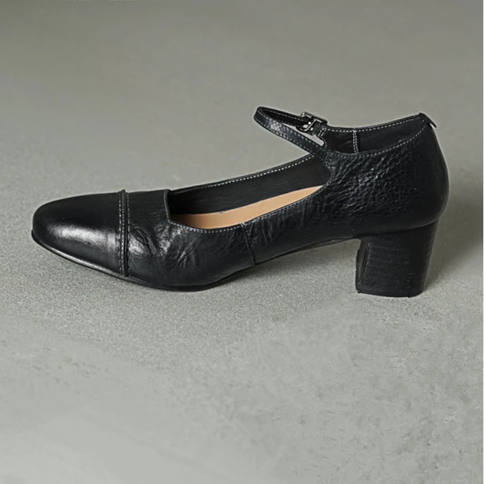 舒适高档百搭原创水洗马皮瓢鞋粗跟浅口女单鞋玛丽珍鞋中跟小皮鞋