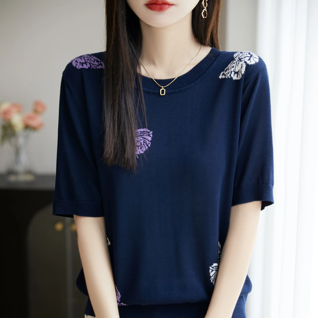 莱赛尔天丝夏季新款蝴蝶提花针织打底衫中袖套头女T恤