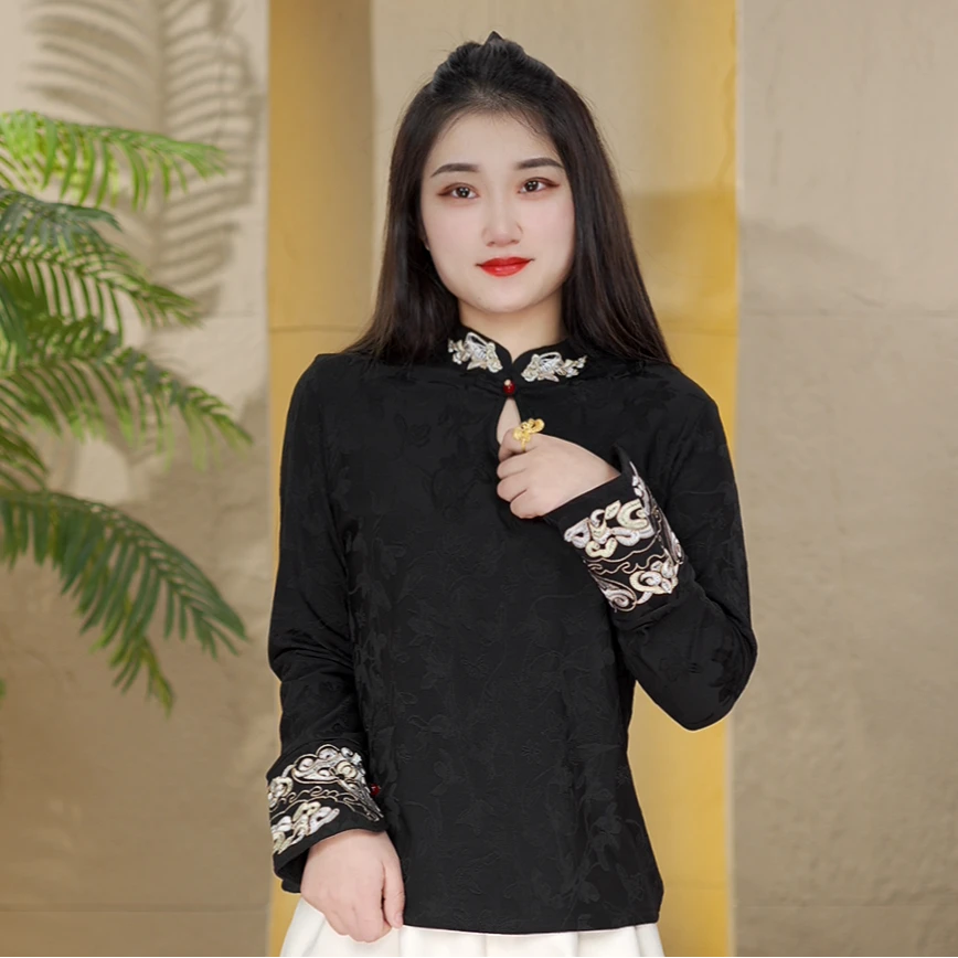 加绒加厚新中式秋冬国风刺绣打底小衫气质修身长袖T恤上衣女
