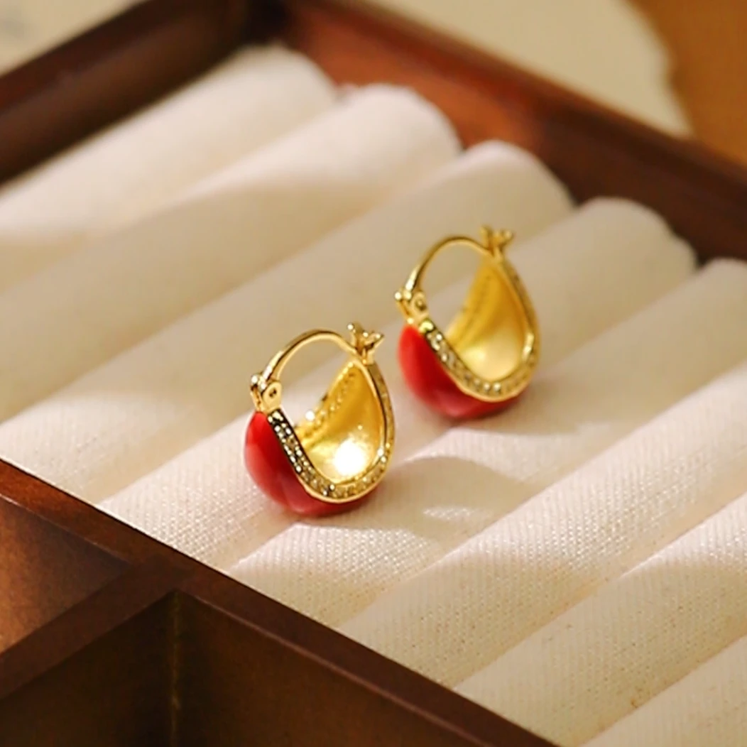 铜合金耳饰 气质轻奢红色耳扣百搭时尚设计感耳环小众法式耳钉