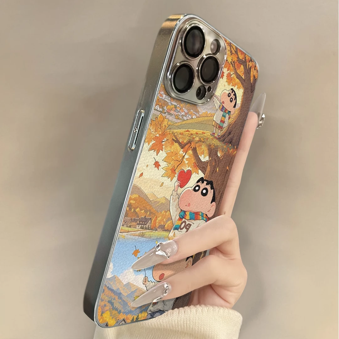 卡通爱心小新适用苹果16promax手机壳电镀小羊皮iphone1517promax