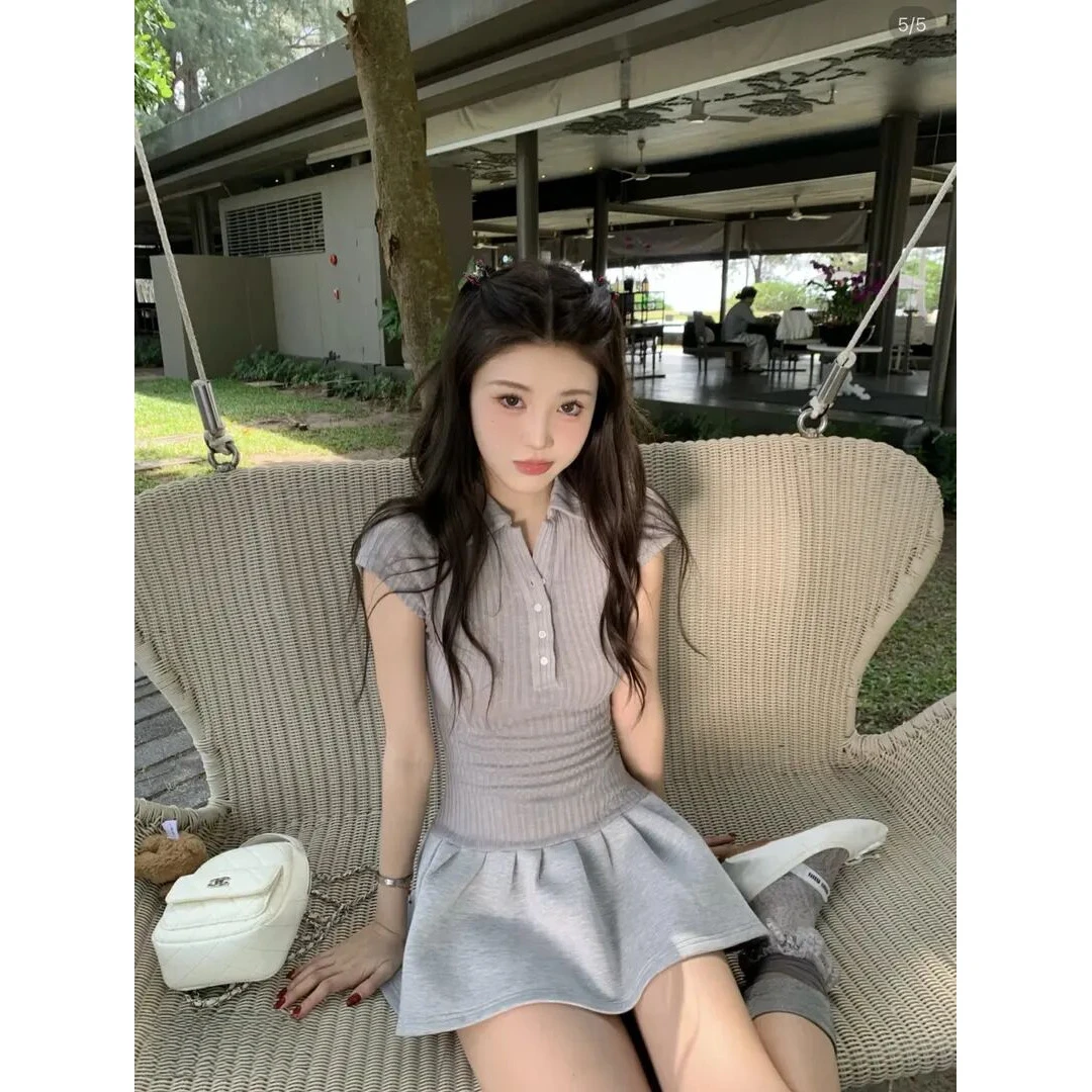 2025夏季新款美式校园风polo领拼短袖连衣裙女拼接百搭小个子裙子