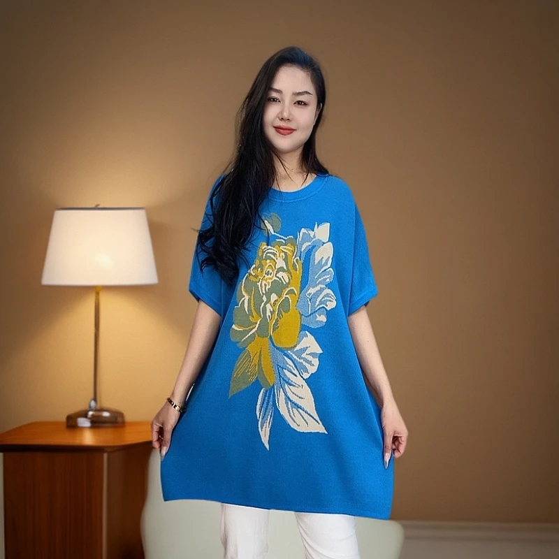 春夏季新款时尚针织蓝色宽松中长款百搭妈妈休闲复古纯棉连衣裙27