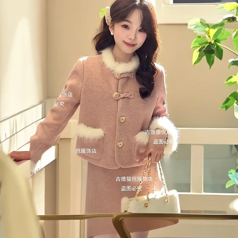 百搭网红毛绒冬季秋冬气质大衣感毛呢新中式外套时尚半裙加棉套装