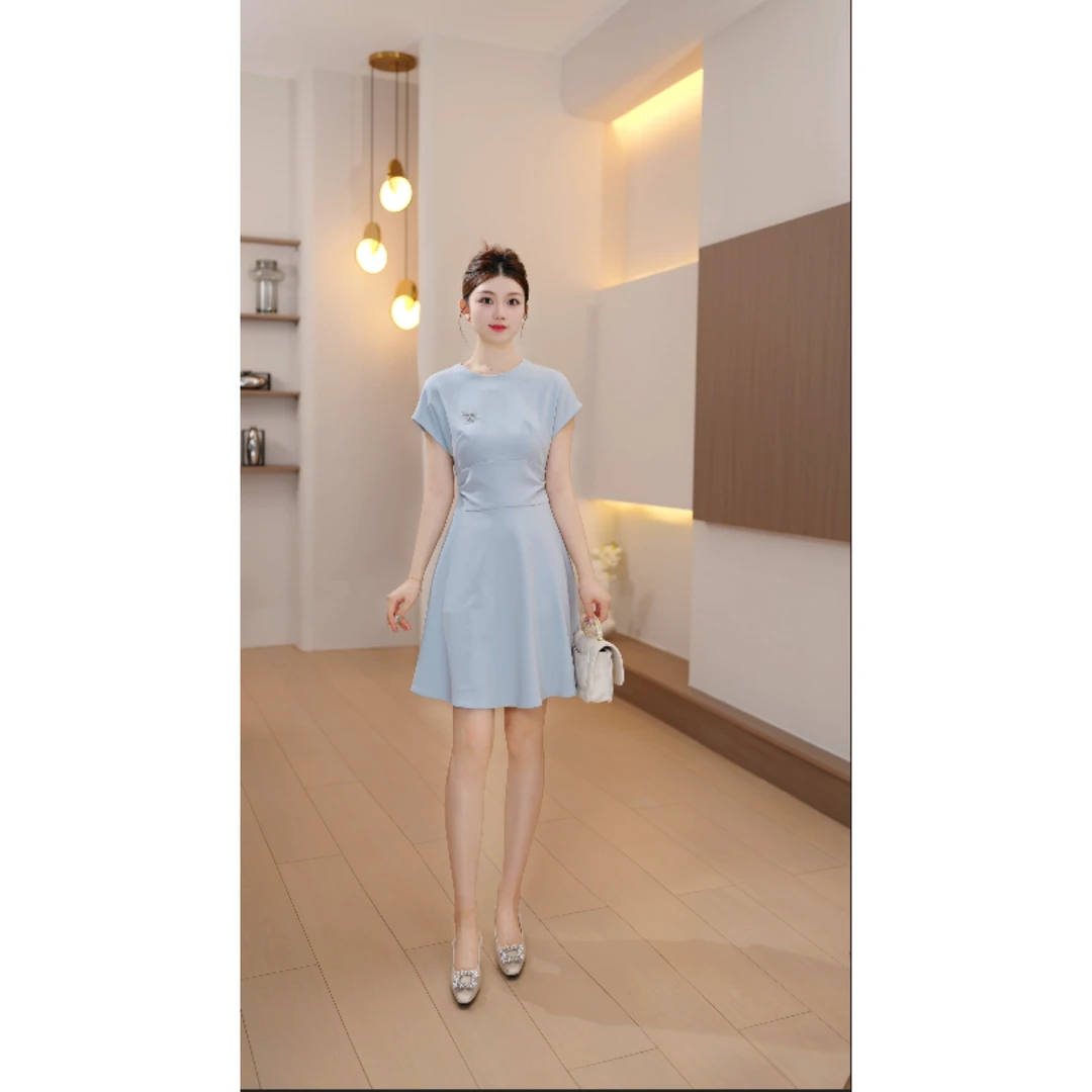 La Chapelle/拉夏贝尔 超好看蓝色设计感夏季新款气质连衣裙X0157