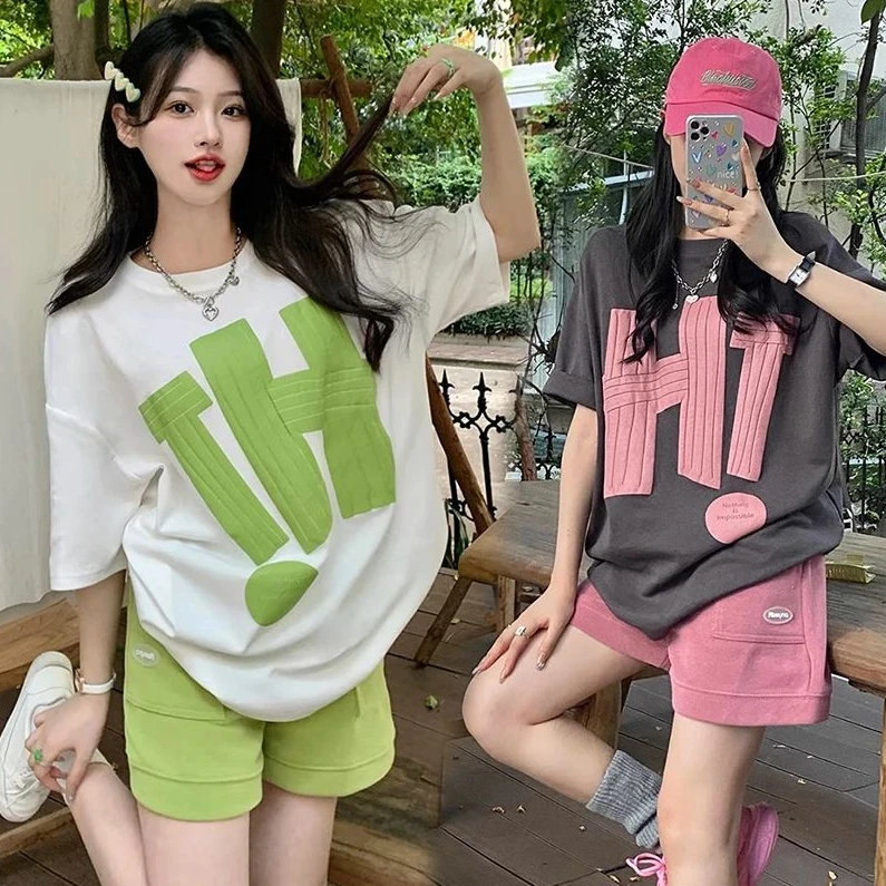 时髦孕妇装套装夏装新款2025时尚韩版宽松短袖休闲托腹短裤两件套