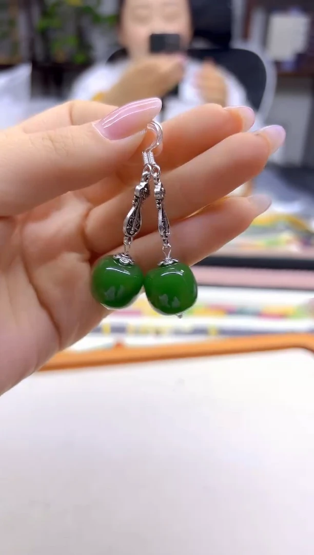 银S925镶嵌和田玉耳饰DIY款E953