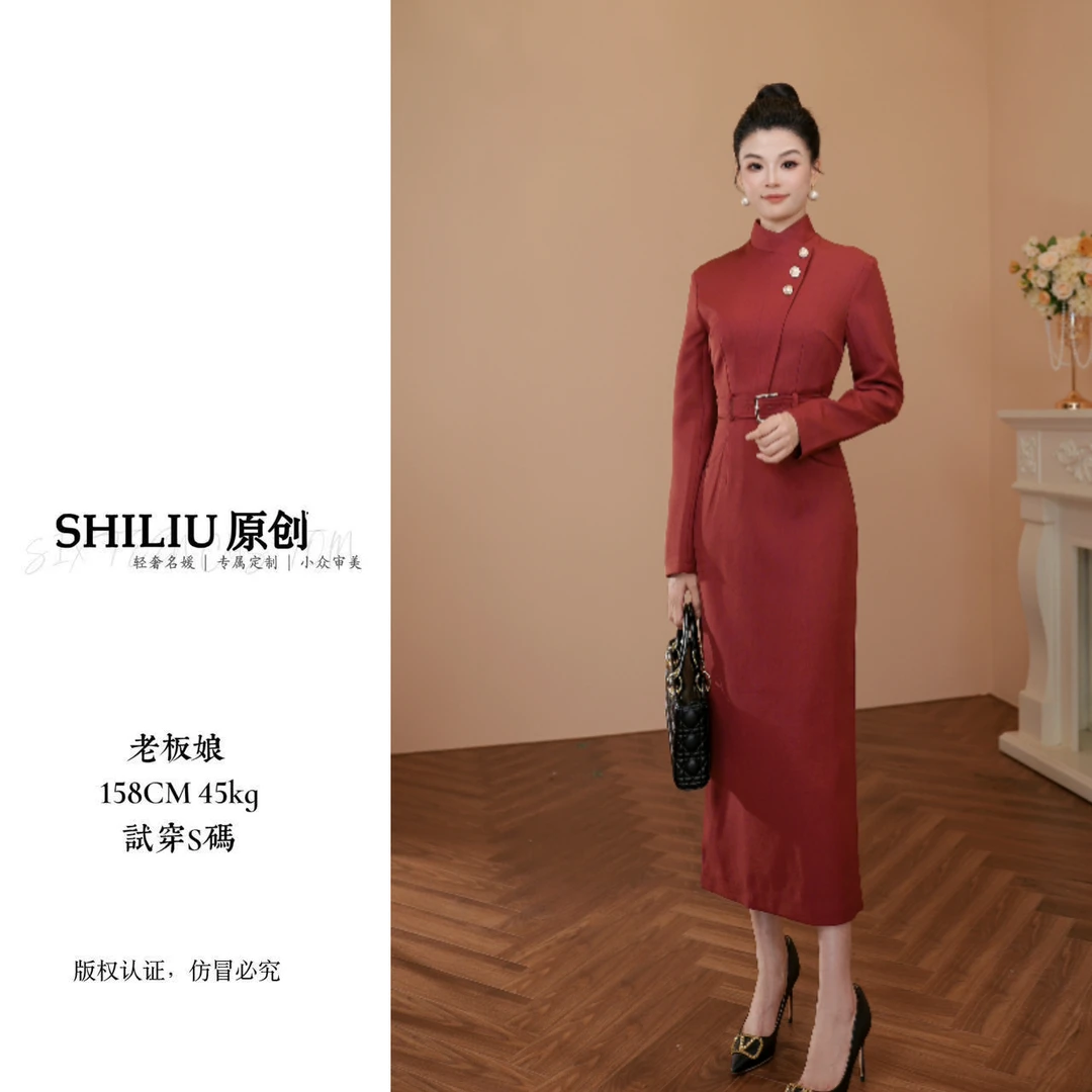 【十六定制】休闲风中淑装圆领酒红色修身连衣裙9972
