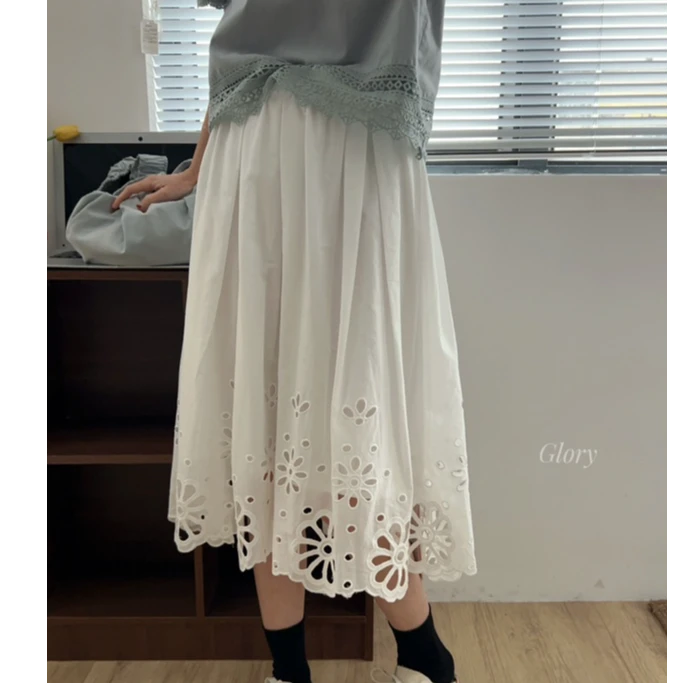 乐缘歌莉春季新款韩版时尚显瘦松紧腰下摆镂空通花半裙*0302