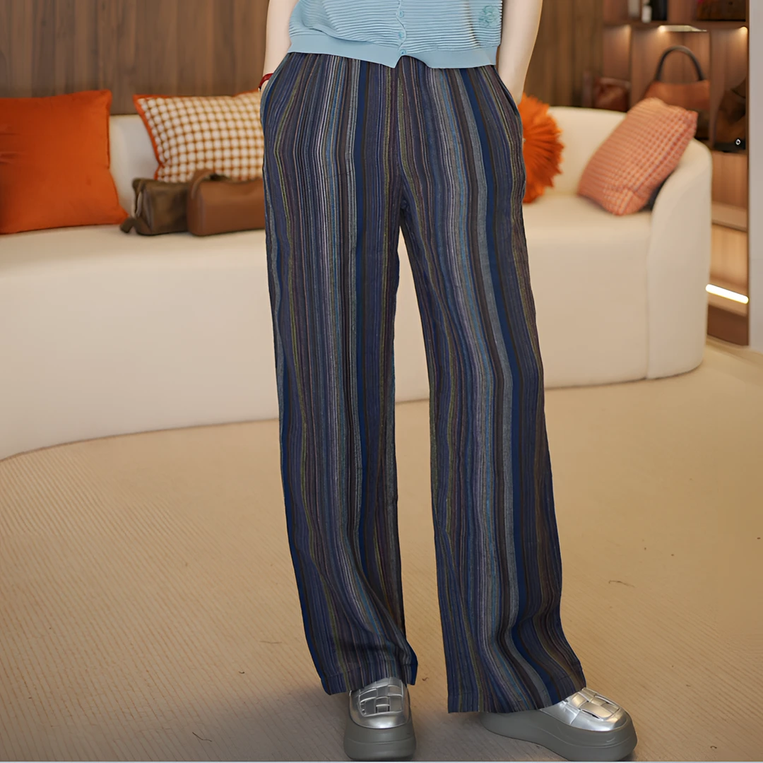 知南"琉璃"色织亚麻100%高腰直筒裤百搭宽松显瘦条纹休闲裤长裤