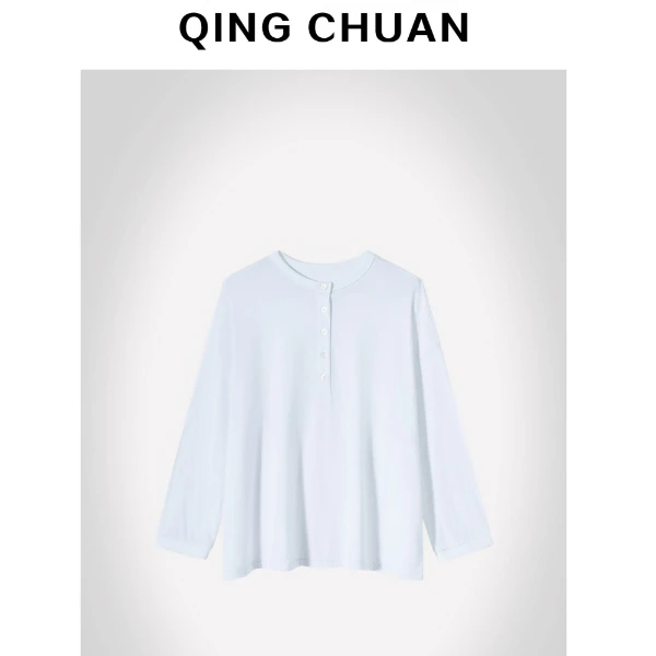 【晴川】纯棉舒柔白亨利领长袖T桖  8-3-  251373