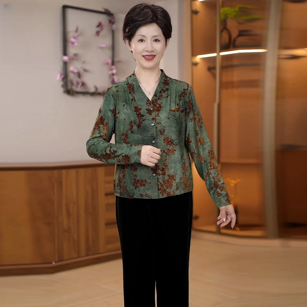 2025秋季新款奶奶装复古墨绿折枝套装时尚中国风中式宽松两件套
