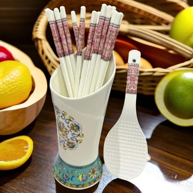 景德镇家用陶瓷珐琅彩10双筷子+筷筒送饭勺健康环保防霉创意简约
