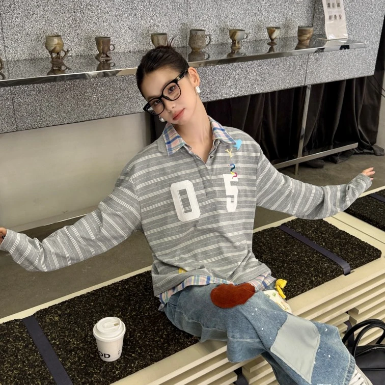 【妹妹专属】YANGHAIYANG 双领条纹刺绣上衣