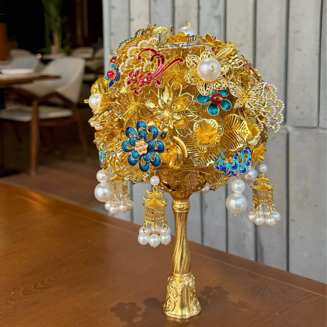 日月新品蓝色璨金手捧花新娘结婚礼礼物diy团扇手工新婚秀禾闺蜜