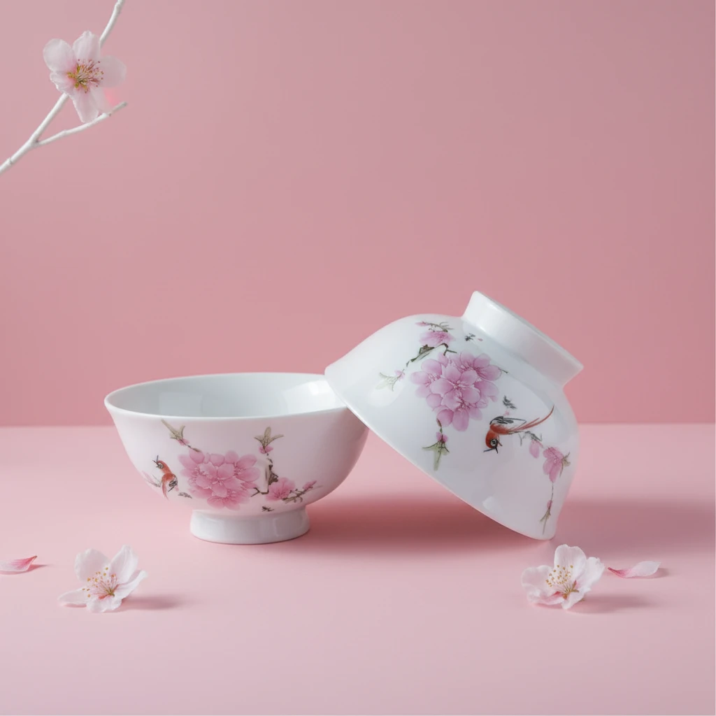 景德镇陶瓷水点桃花陶瓷饭碗直径15cm中国风陶瓷碗两只