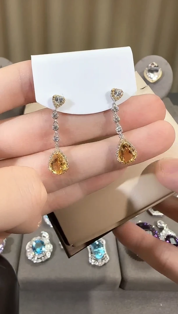 银S925镶嵌耳饰黄晶9*7mm耳坠水滴款