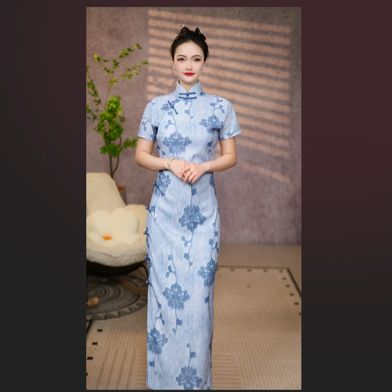 全开襟日常国风花卉写真纹低开衩青花瓷蒲公英款式旗袍中式