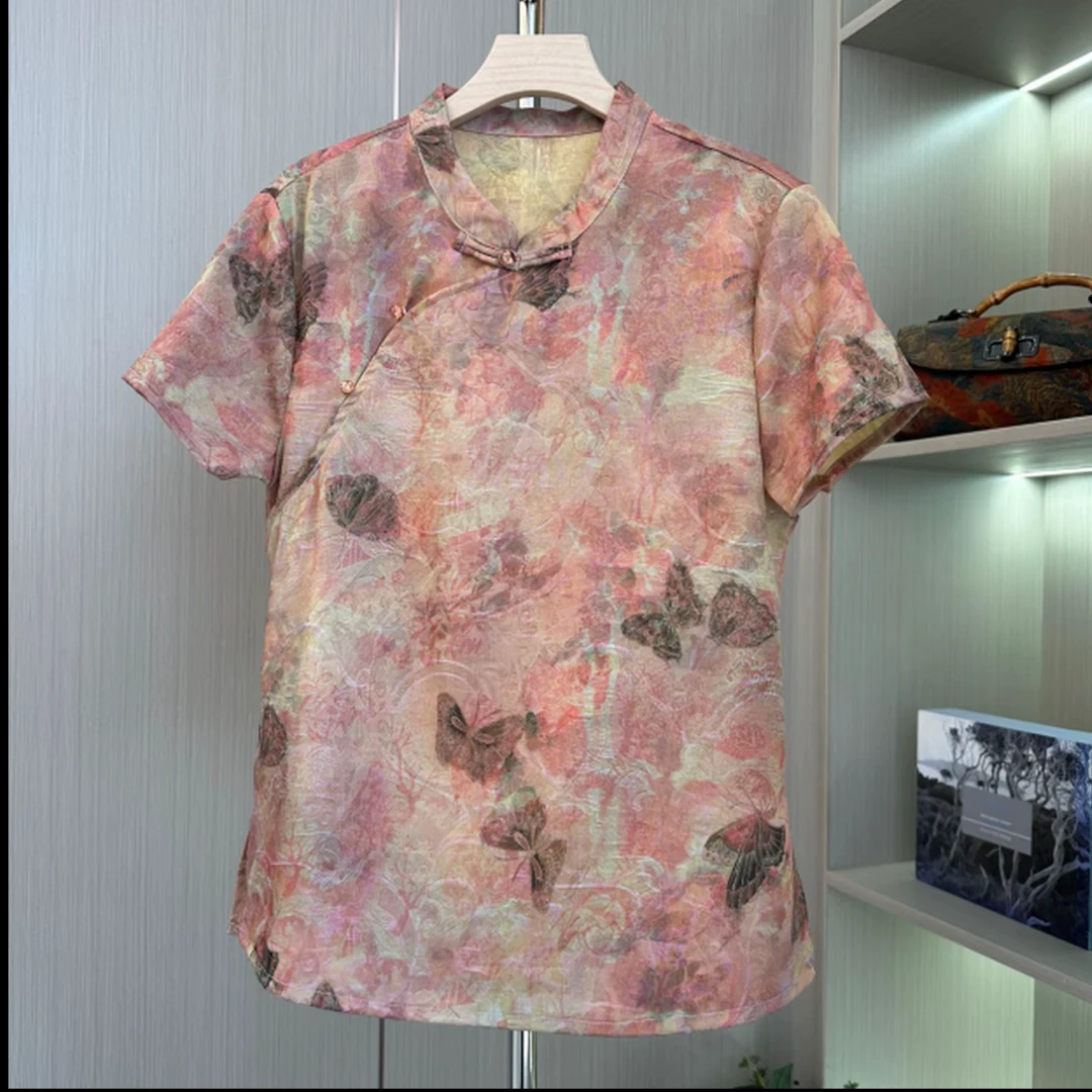 2586款【蝶舞】浮光锦时尚洋气女士短袖上衣