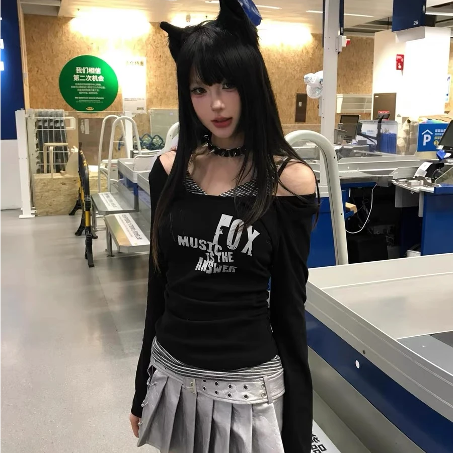 美式复古假两件黑灰条纹轻亚朋克修身印花T恤辣妹长袖显瘦小众