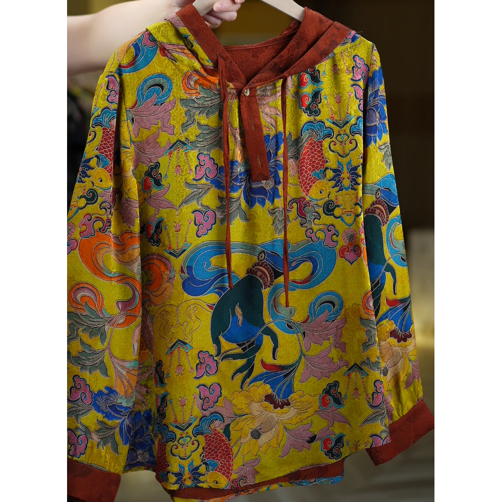 蝉羽衫《非遗美学》1118复古印花时尚减龄连帽上衣