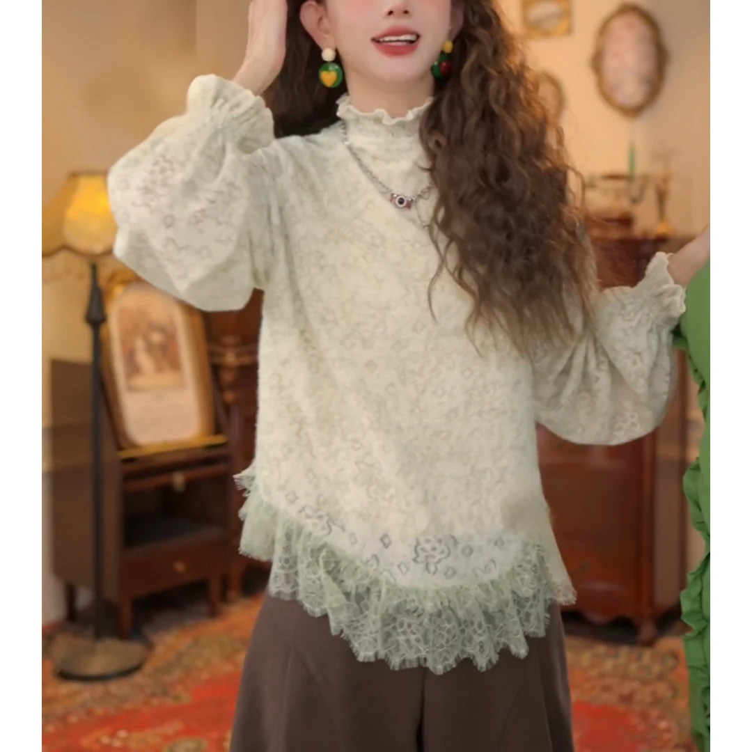 【柳浪闻莺】港风复古蕾丝拼接时尚针织百搭T恤打底上衣LK2508270