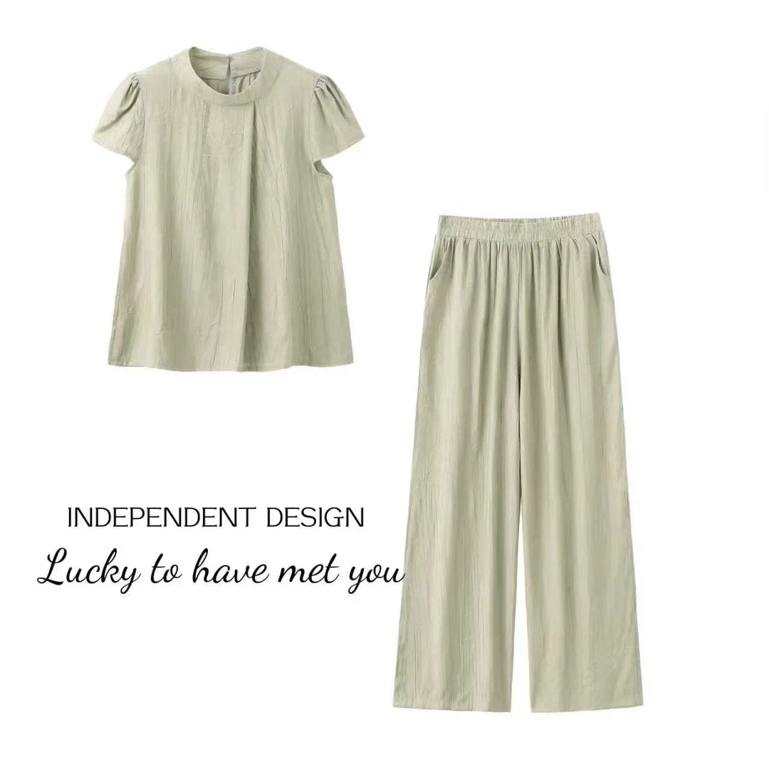 轻薄丝滑！竖条纹压花短袖简约大方压褶小衫+宽松舒适休闲裤8812