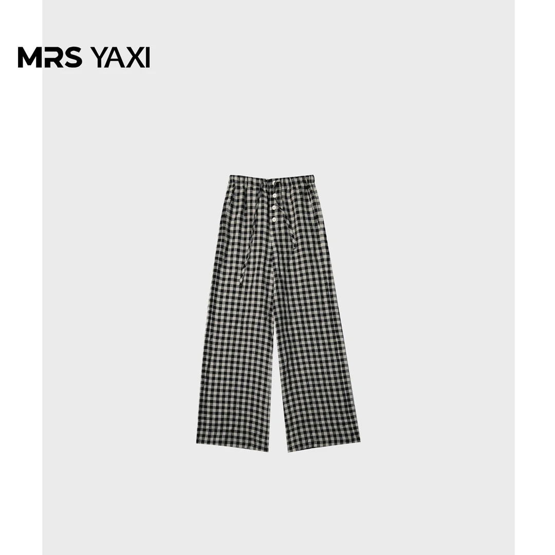 Mrsyaxi经典老钱风亚麻格子裤松紧腰直筒休闲裤YX5061402