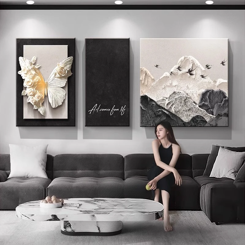 法式中古风客厅装饰画高级感沙发背景墙挂画立体砂岩2025新款壁画