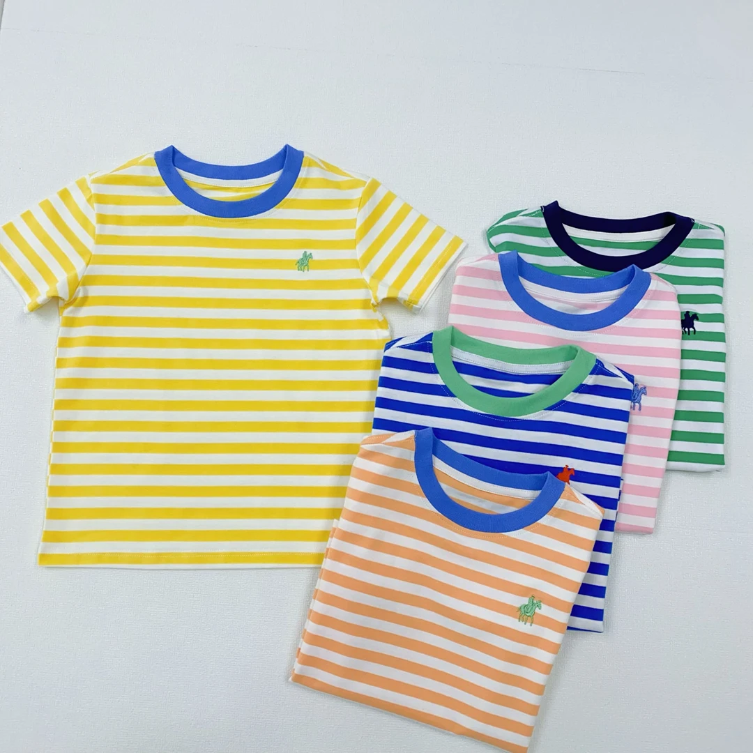 中大童经典条纹男女宝圆领短袖多巴胺色系休闲甜美风吸汗棉T夏款