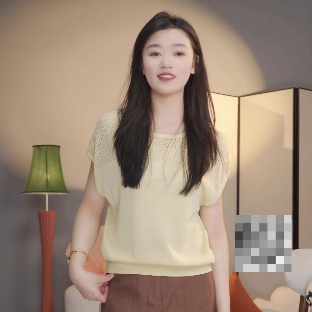 【小费班长】100莱赛尔天丝圆领短袖飞飞袖针织衫纯色镂空上衣Y12