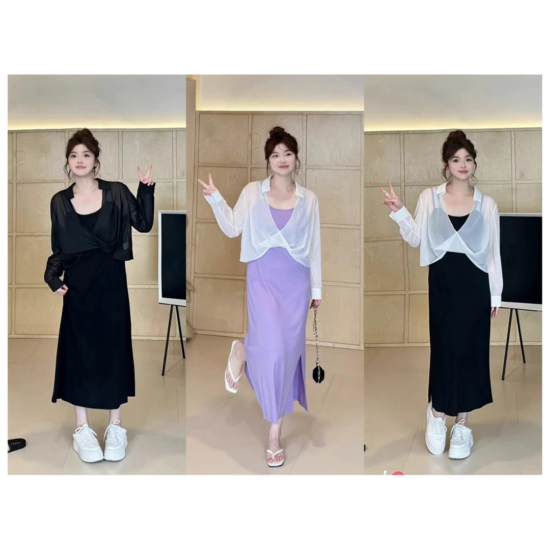 晶咕【浮云卷-套装】大V领前扭结长袖防晒上衣+吊带冰感连衣裙