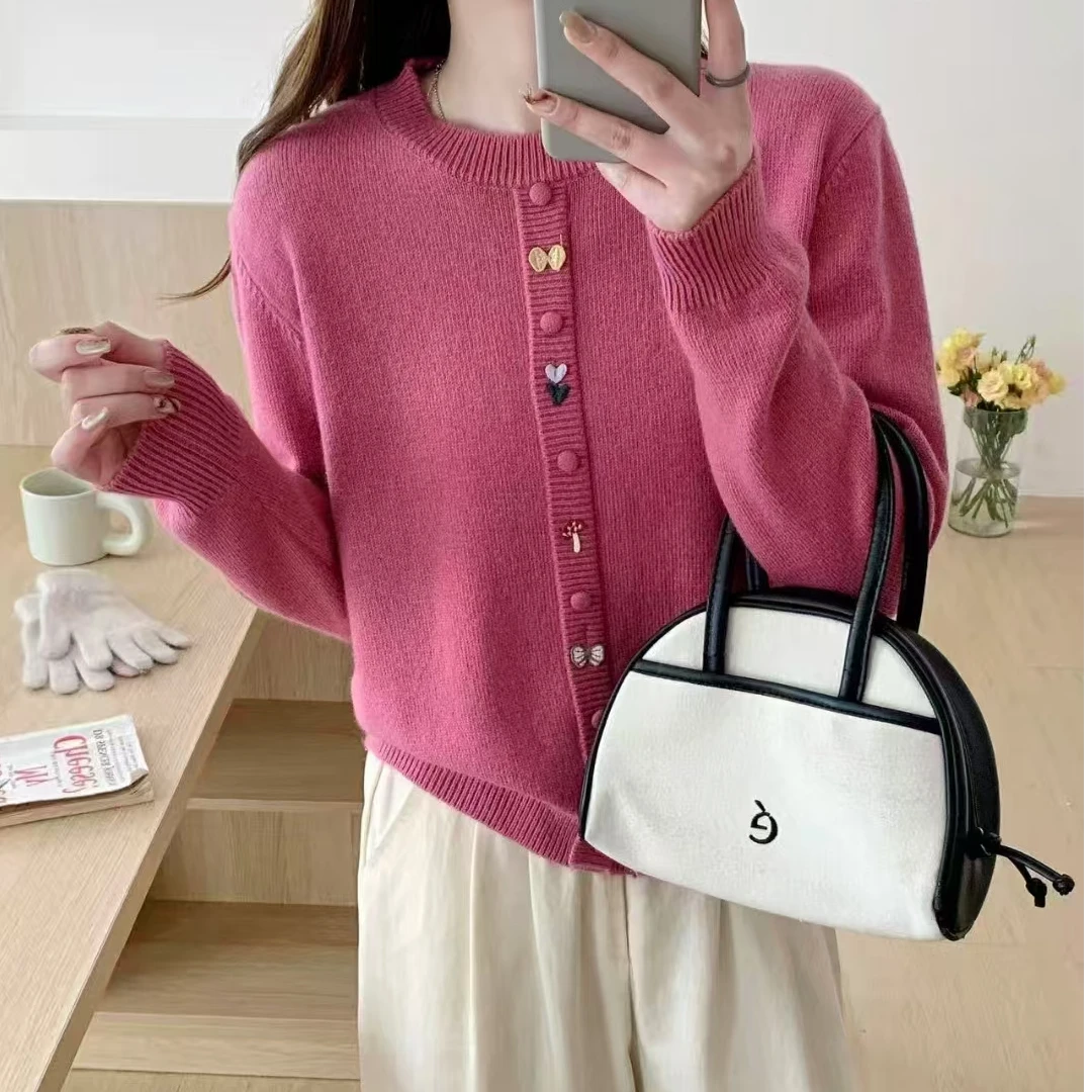 【玫红-小花】秋冬款立体小花朵套头针织衫女上衣