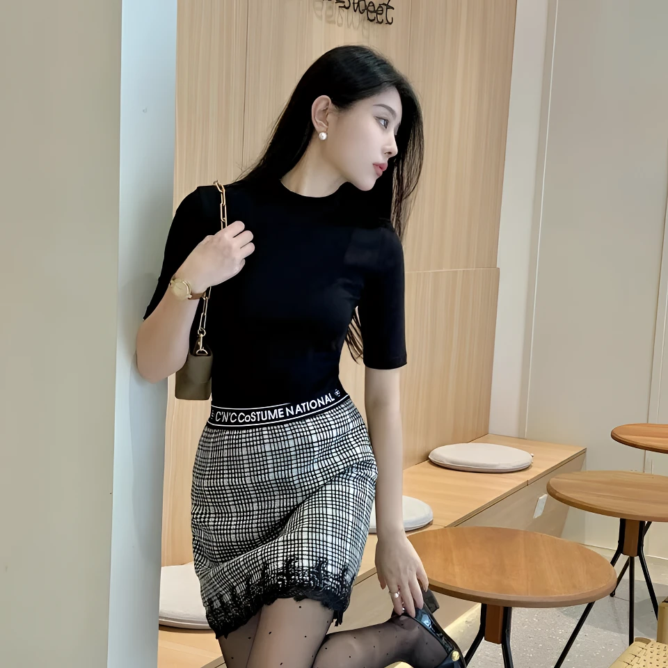 高定气质显瘦百搭半高领天丝针织衫五分袖打底内搭上衣毛衣女秋