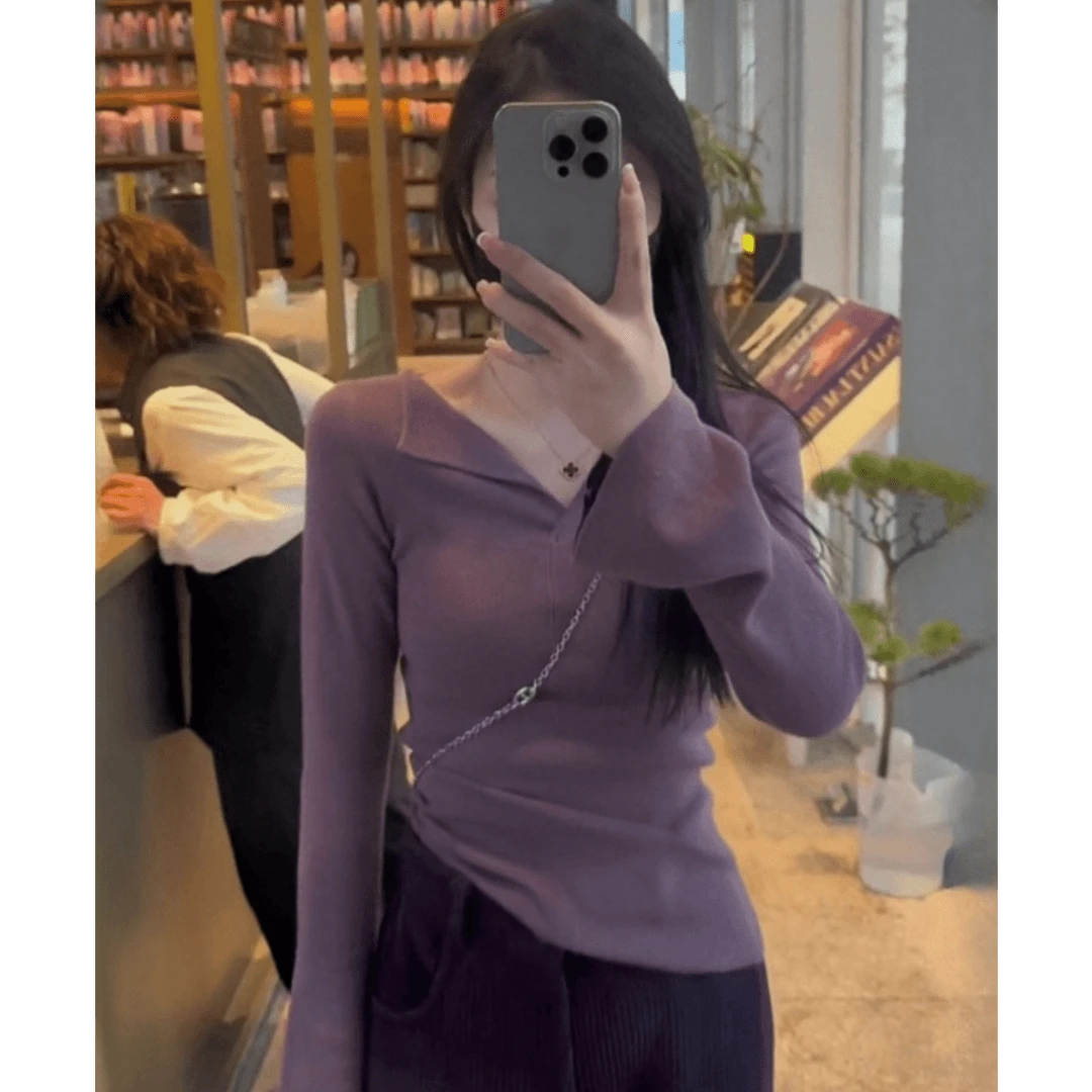 【现货】纯色V领软糯t恤女百搭休闲修身显瘦长袖打底衫上衣秋