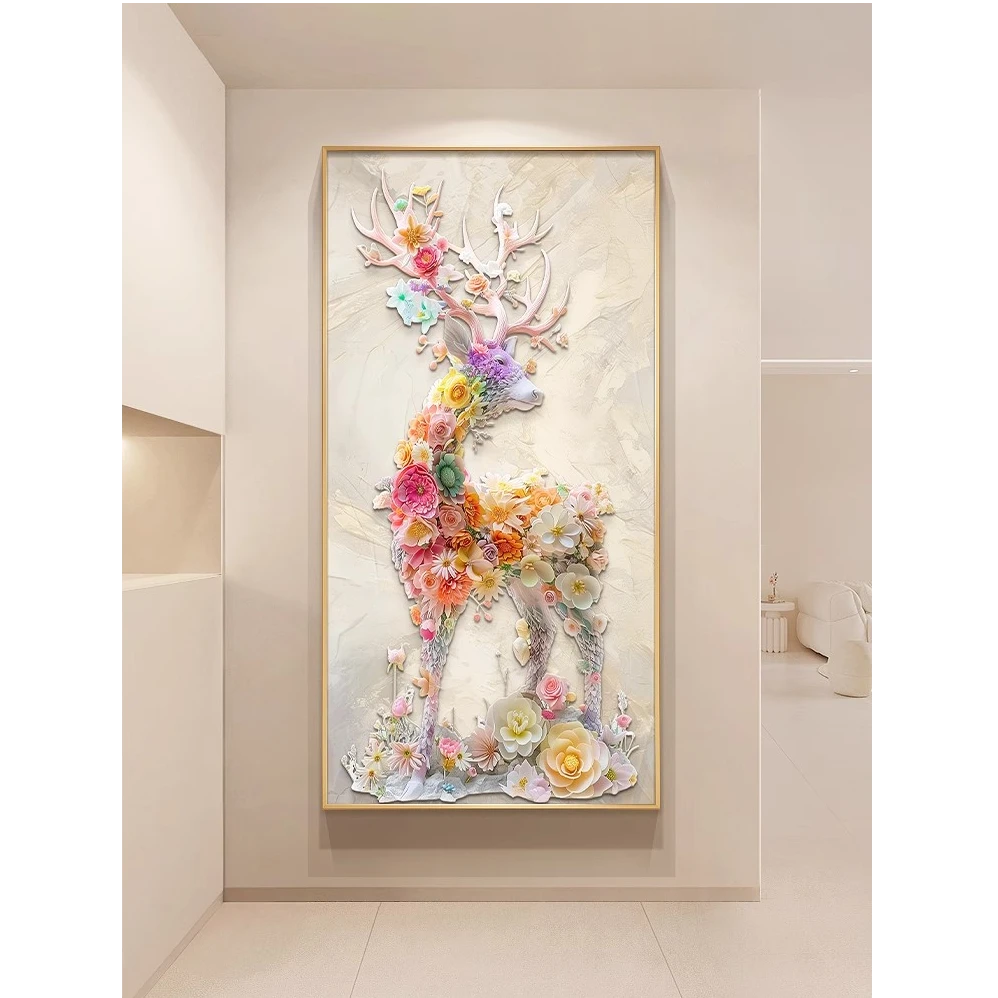 【东方画廊】奶油风麋鹿玄关装饰画一路生花走廊入户门挂画竖版壁画