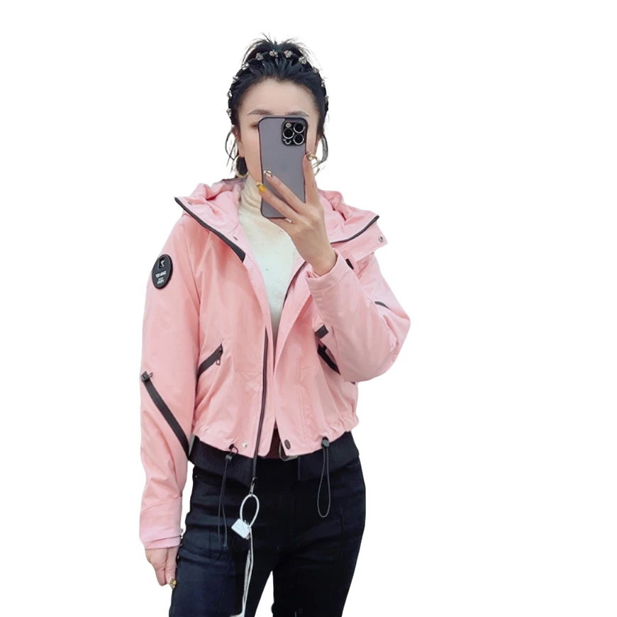 莉丽佳2508款女装长袖连帽二棉短外套底边抽绳时尚洋气休闲百搭版