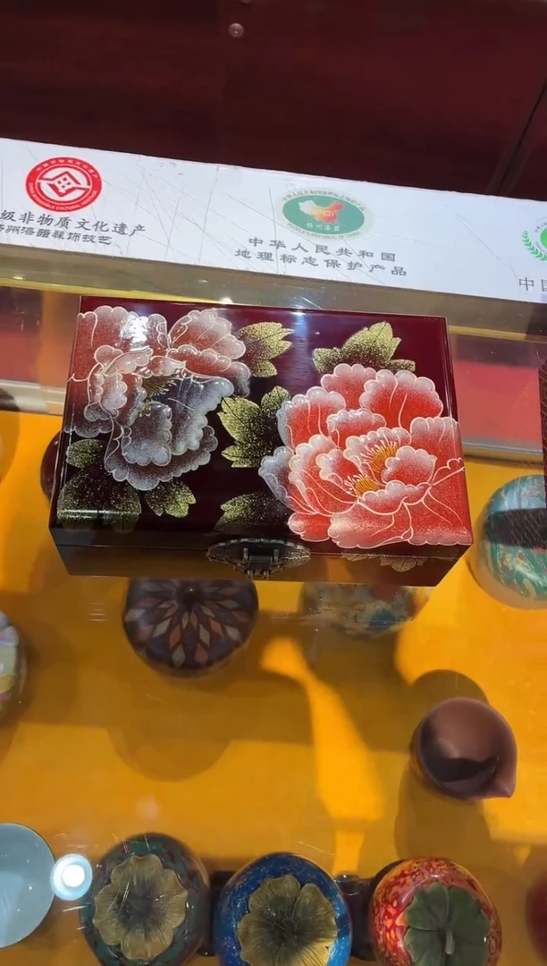 扬州漆器彩绘21cm大双牡丹首饰盒