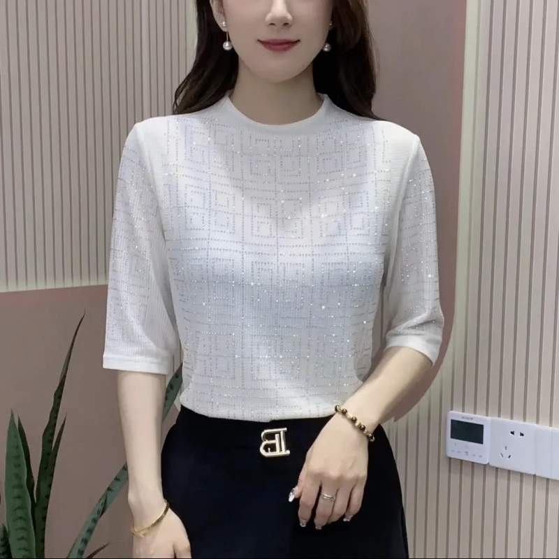 2025夏季新款纯色烫钻短袖t恤打底洋气中年妈妈女装减龄显瘦上衣