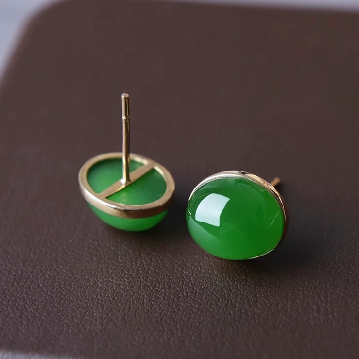 正品保真和田玉碧玉耳钉女卡8圆珠简约百搭绿色耳饰显白真玉耳环