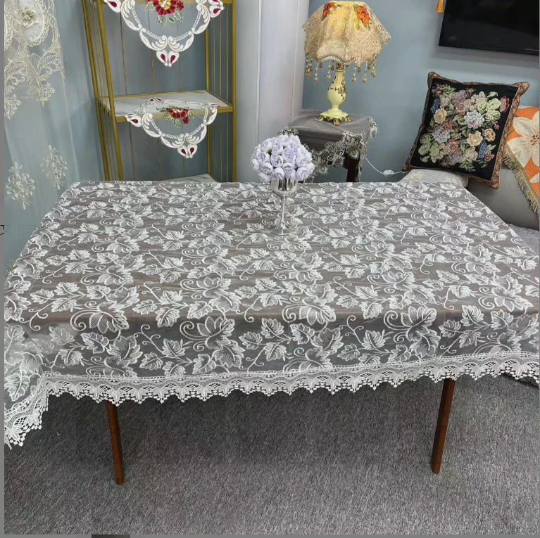 M-01【130*180CM】白色玻璃纱水溶镂空刺绣 法式复古蕾丝茶几布