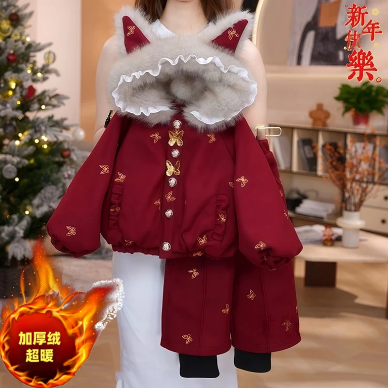 女童加绒红色外套假两件阔腿裤套装冬装2025新款毛领派克服拜年服