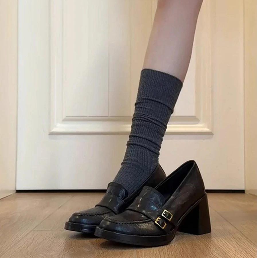 轻熟公主~英伦风加绒小皮鞋8CM粗跟高跟单鞋女2025秋季新款乐福鞋