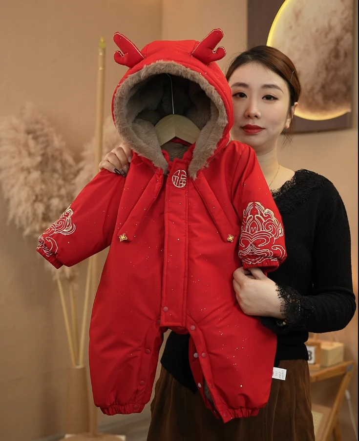 【福气小龙】冬季新款派克服加绒加厚连体哈衣中国风刺绣过年服